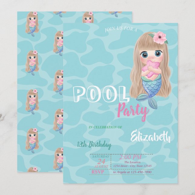 Cute Baby Mermaid Pool Birthday Party Invitation (Front/Back)