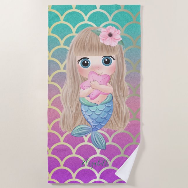 Cute Baby Mermaid Scales Beach Towel (Front)