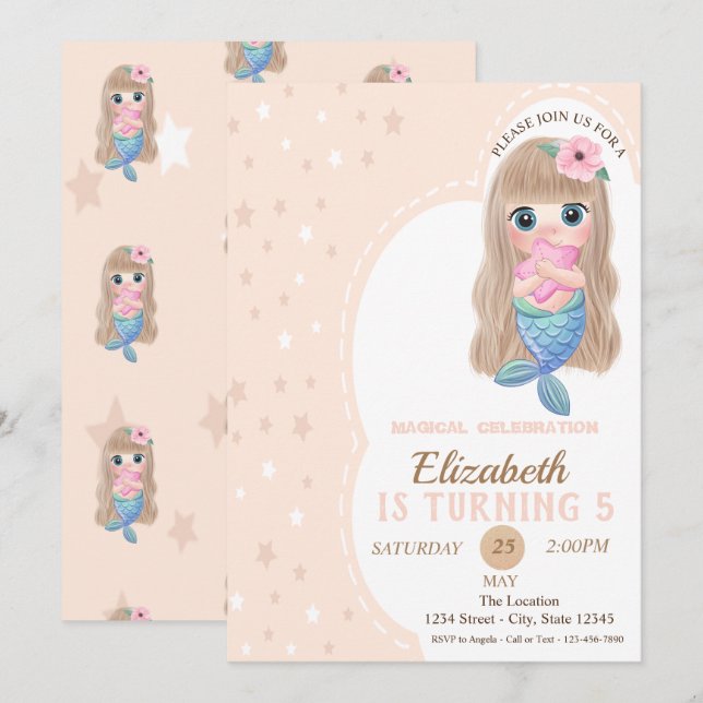 Cute Baby Mermaid Stars Birthday Invitation (Front/Back)