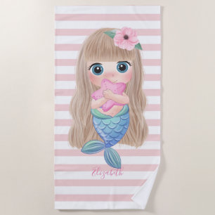 Cute Baby Mermaid , Stripes Beach Towel