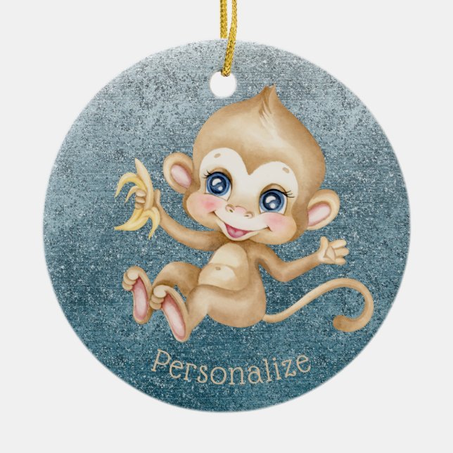 Cute Baby Monkey Banana Blue Glitter Personalise Ceramic Tree Decoration (Front)