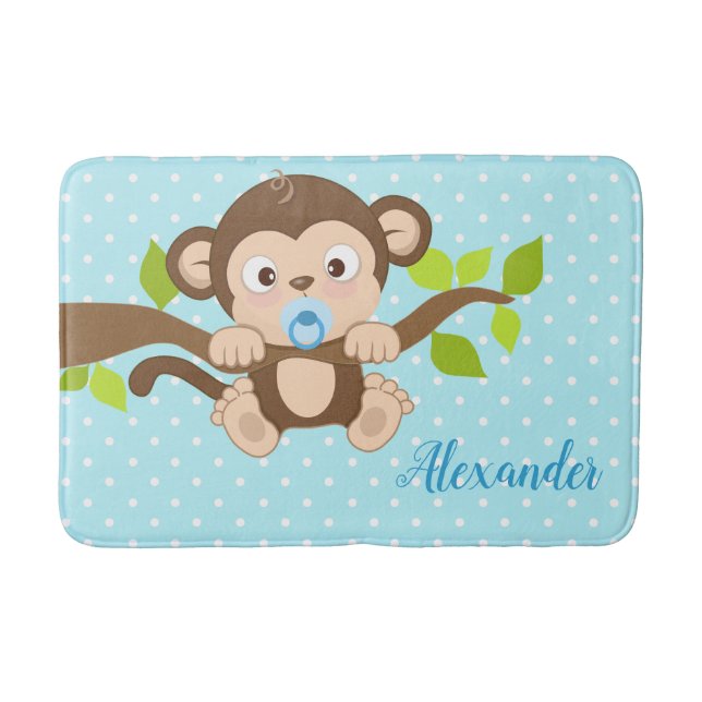 Cute Baby Monkey Blue Polka Dots Bath Mat (Front)