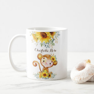 Cute Baby Monkey Boho Watercolor Sunflowers Coffee Mug
