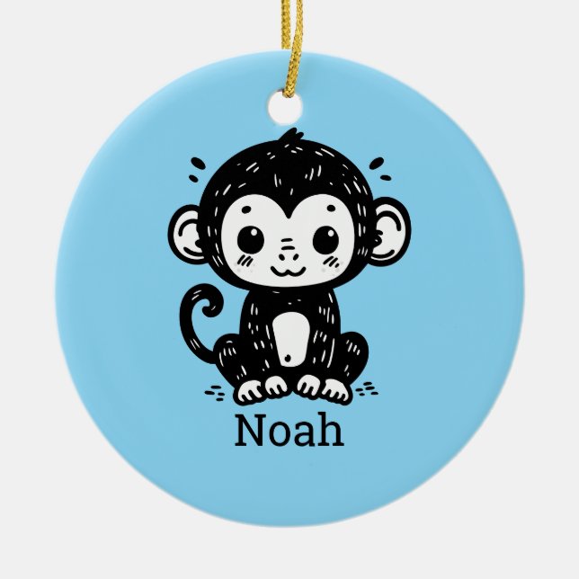 Cute Baby Monkey Drawing - Kawaii Nursery Art Ceramic Tree Decoration (Front)