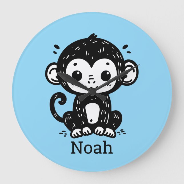 Cute Baby Monkey Drawing - Kawaii Nursery Art Large Clock (Front)