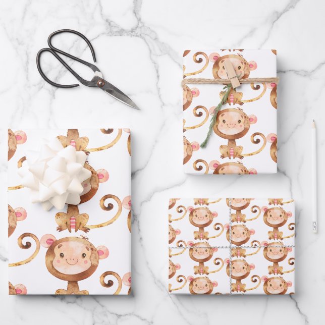 Cute Baby Monkey Funny Cartoon Chimp Wrapping Paper Sheet (Front)