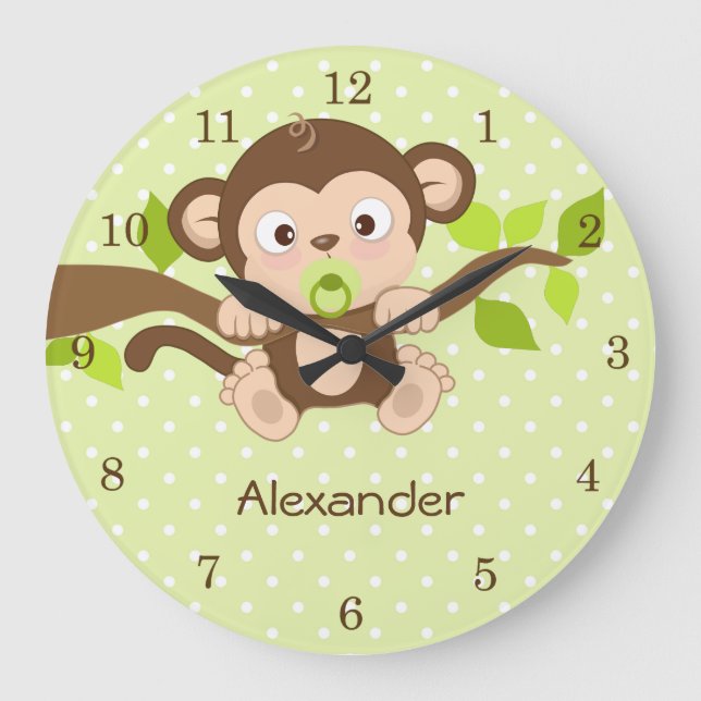 Cute Baby Monkey Green Polka Dots Wall Clocks (Front)