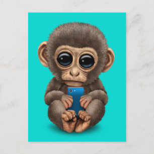 Cute Baby Monkey Holding a Cell Phone Blue Postcard