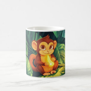 cute baby monkey in the jungle holding a shiny ban coffee mug
