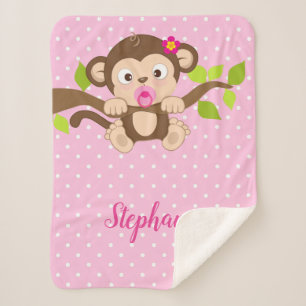 Cute Baby Monkey Pink Polka Dots Sherpa Blanket