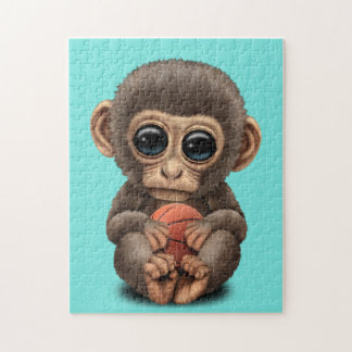 Cute Baby Monkey Playing With Basketball Jigsaw Puzzle