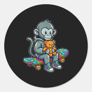 Cute baby monkey punch skater urban streetwear classic round sticker