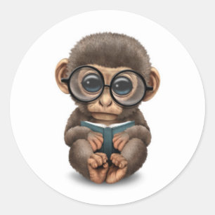 Cute Baby Monkey Reading a Book on White Classic Round Sticker