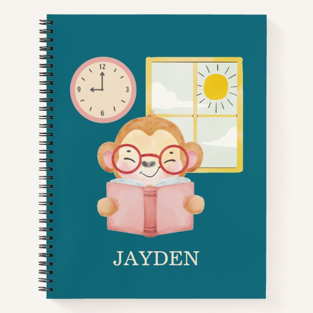 Cute Baby Monkey Reading Book Morning Name Kids (Front)