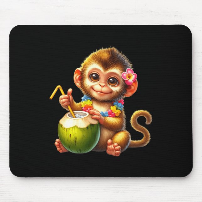 Cute Baby Monkey Tropical Coconut Drink Design Mouse Mat (Front)