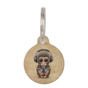 Cute Baby Monkey Wearing Headphones Pet Tag