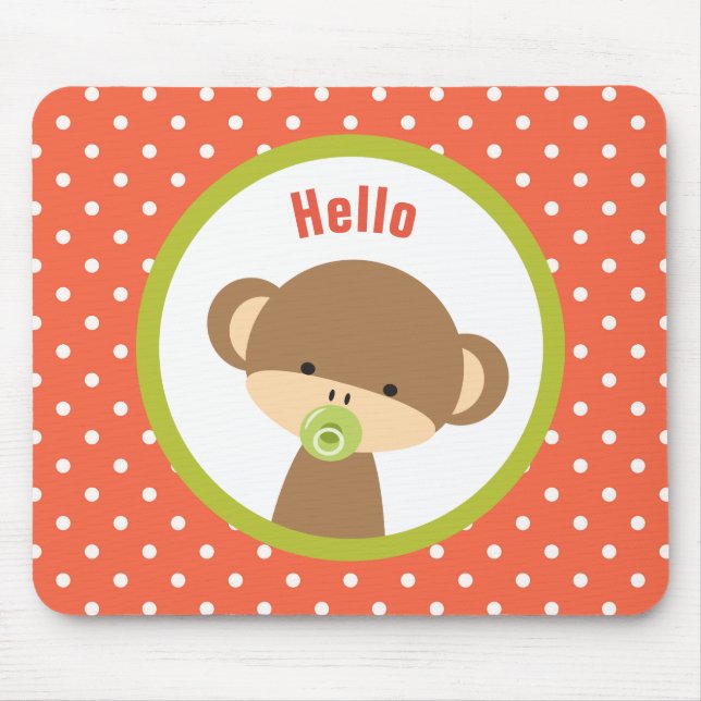 Cute Baby Monkey with a Pacifier on Polka Dots Mouse Mat (Front)