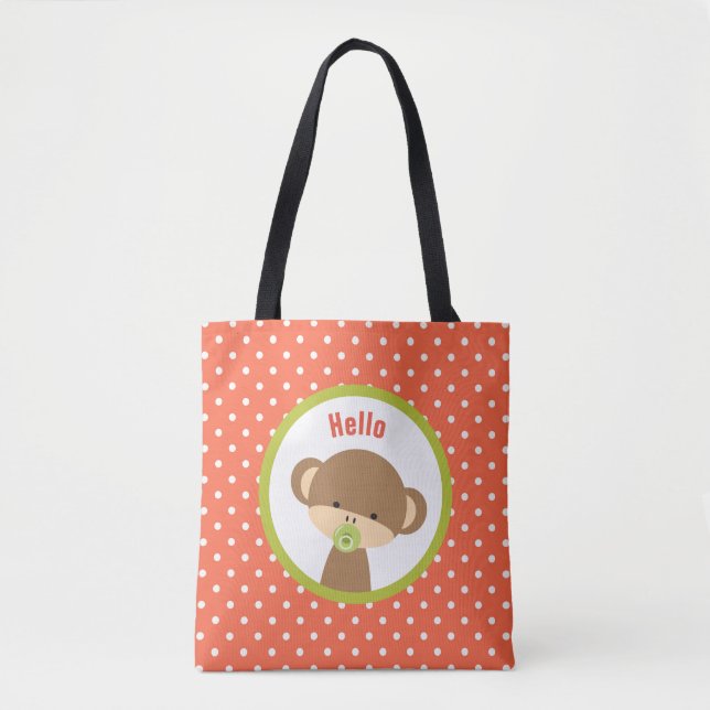 Cute Baby Monkey with a Pacifier on Polka Dots Tote Bag (Front)