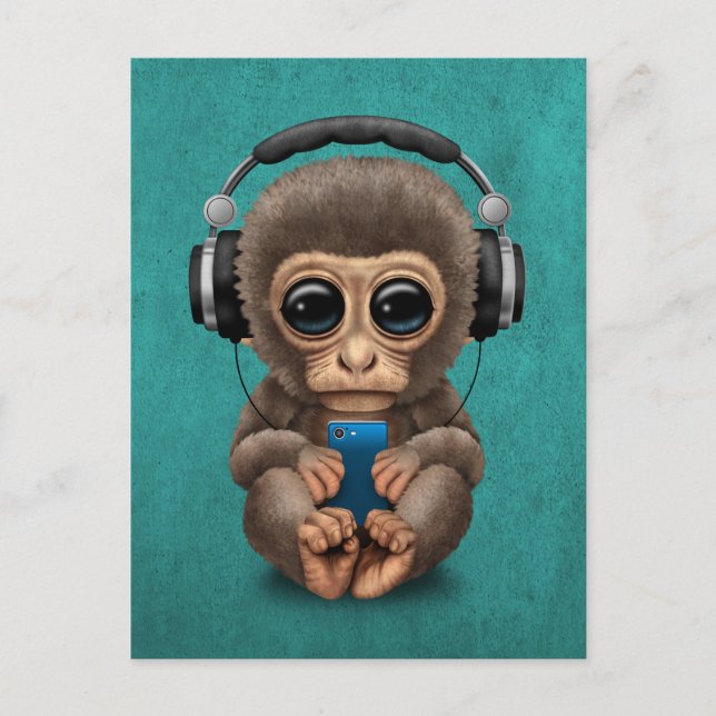 Cute Baby Monkey With Cell Phone Wearing Headphone Postcard (Front)