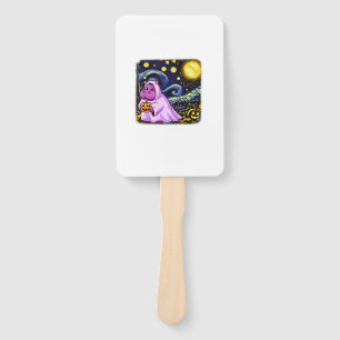 Cute Baby Moo Deng Halloween Van Gogh Starry Night Hand Fan