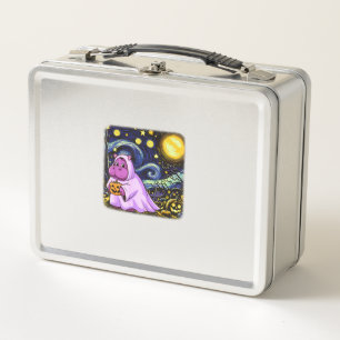 Cute Baby Moo Deng Halloween Van Gogh Starry Night Metal Lunch Box