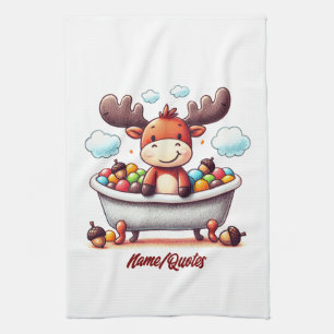 Cute Baby Moose Bath Time Cartoon Illustration Tea Towel