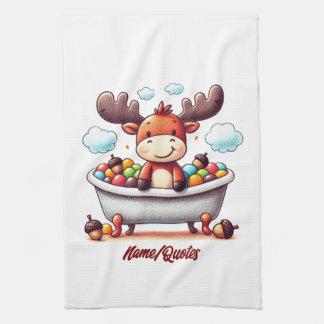 Cute Baby Moose Bath Time Cartoon Illustration Tea Towel