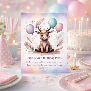 Cute baby Moose Birthday Invitation Woodland Boho