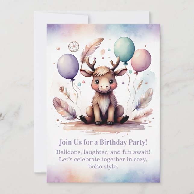 Cute baby Moose Birthday Invitation Woodland Boho  (Front)