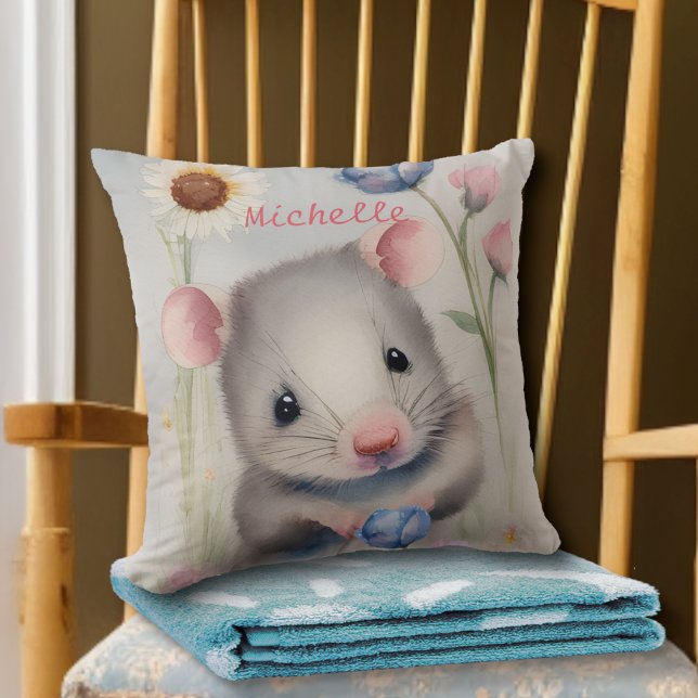 Cute Baby Mouse Pastel Watercolor Spring Flowers Cushion (Creator Uploaded)