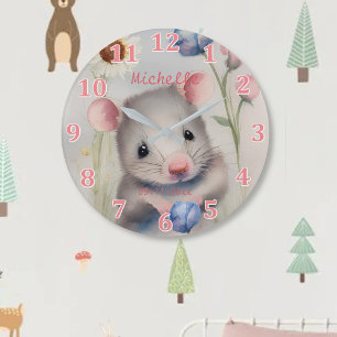 Cute Baby Mouse Pastel Watercolor Spring Flowers Large Clock