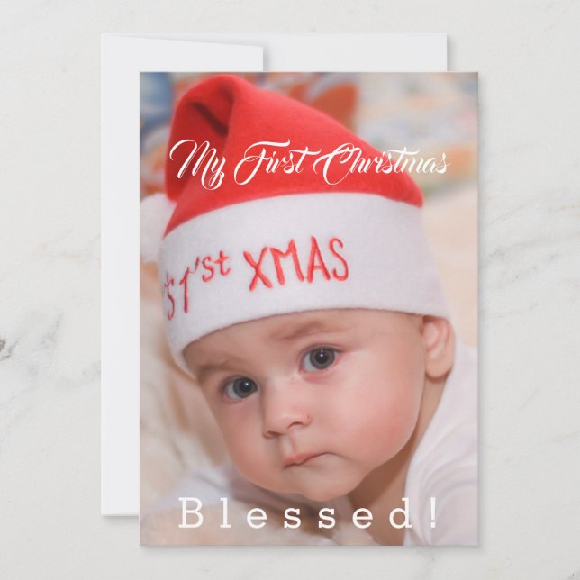 Cute Baby My First Christmas Santa Hat Holiday Card (Front)