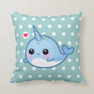 Cute baby narwhal on polka dots cushion