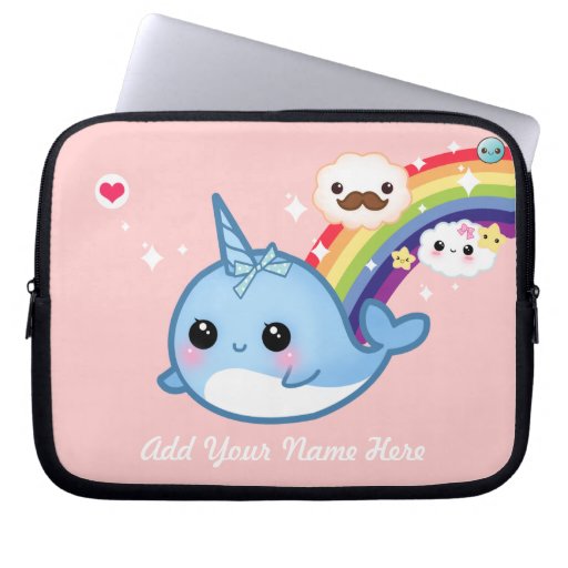 Cute baby narwhal with rainbow and clouds on pink laptop ...