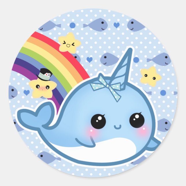 Cute baby narwhal with rainbow and stars classic round sticker (Front)