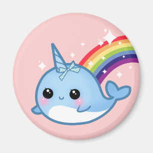 Cute baby narwhal with rainbow and stars on pink magnet