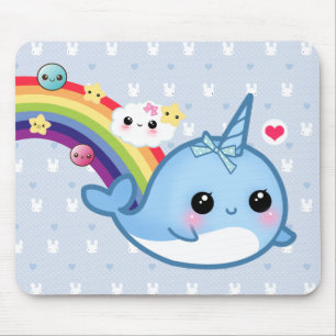 Cute baby narwhal with rainbow, clouds and stars mouse mat