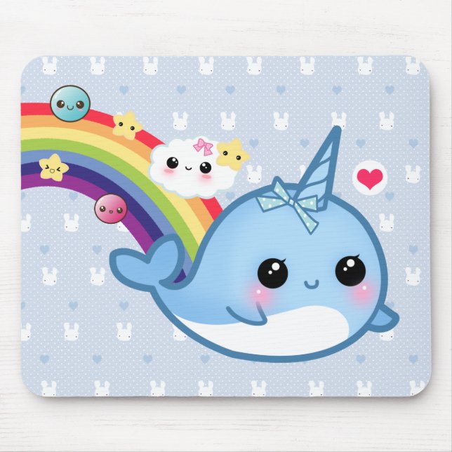 Cute baby narwhal with rainbow, clouds and stars mouse mat (Front)