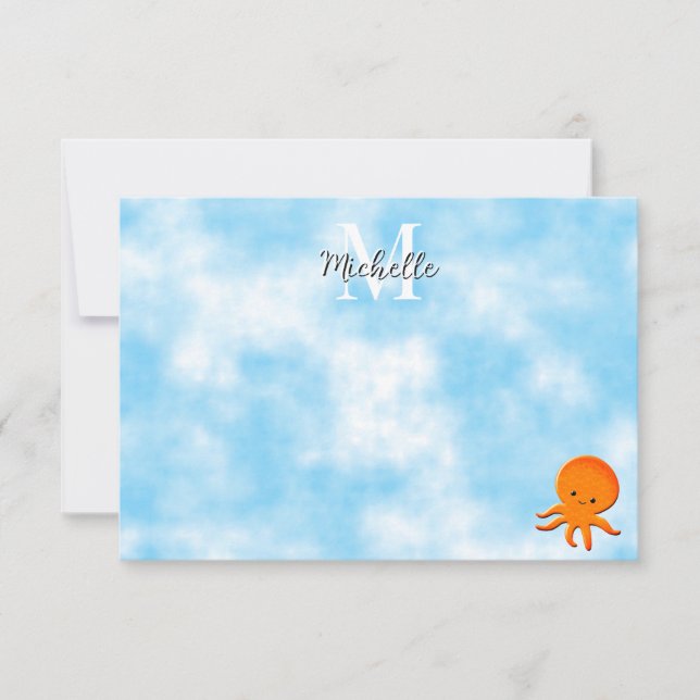 Cute Baby Octopus Blue Watercolor Custom Monogram Card (Front)