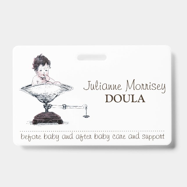 Cute Baby On Weighing Scale Doula ID Badge (Front)