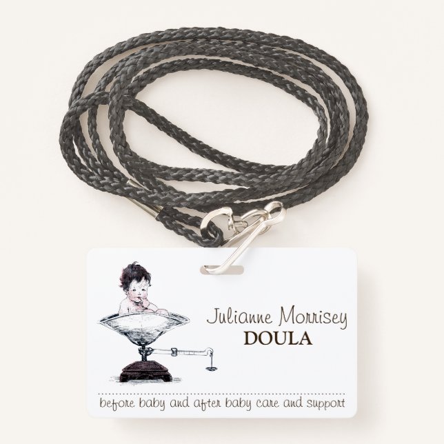 Cute Baby On Weighing Scale Doula ID Badge (Front with Lanyard)