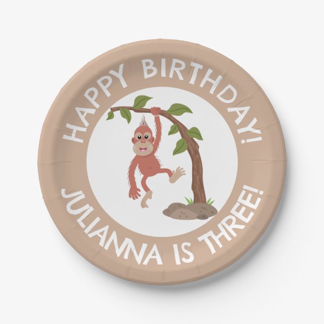 Cute baby orangutan cartoon birthday personalised paper plate (Front)