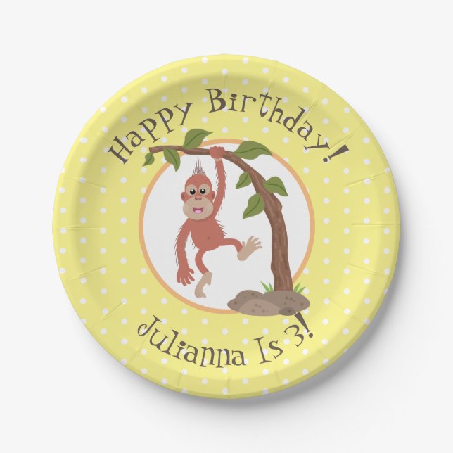 Cute baby orangutan cartoon birthday personalised paper plate (Front)
