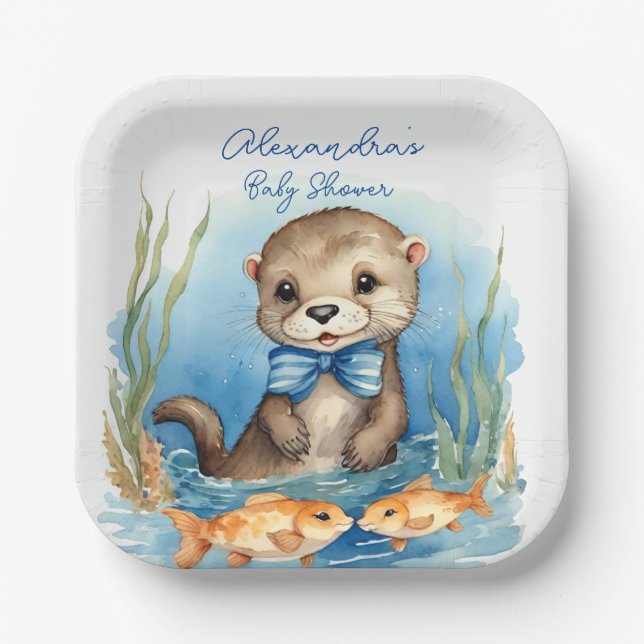 Cute Baby Otter Boy Baby Shower Paper Plate (Front)