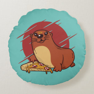 Cute Baby Otter Eating Yummy Pizza Design Round Cushion