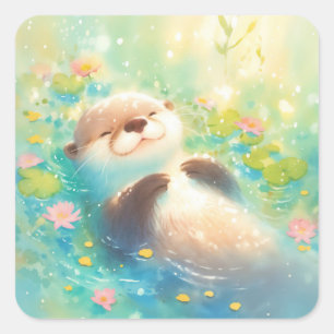 Cute Baby Otter Floating in Sunlit Blue Pond Square Sticker