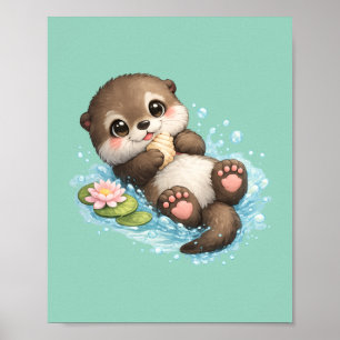 Cute Baby Otter Floating in Water Mint Green Poster