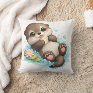 Cute Baby Otter Floating in Water Throw Pillow