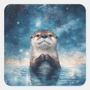 Cute Baby Otter Gazing at Starry Night Sky Square Sticker