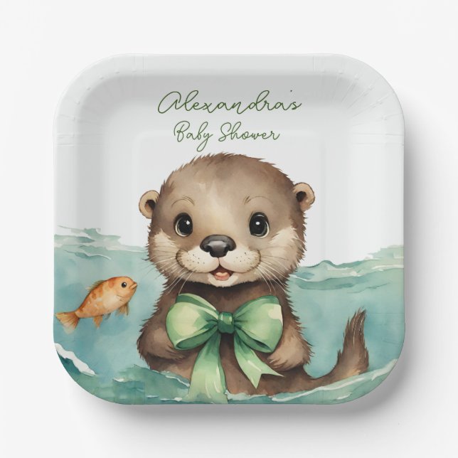Cute Baby Otter Gender Neutral Baby Shower Paper Plate (Front)